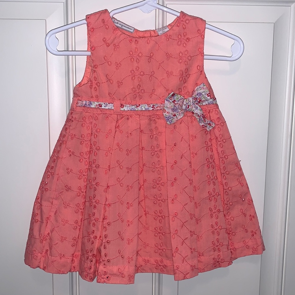 First Impressions, 6-9m, Beautiful Dark Peach Color Eyelet Dress, Pleats,Florals